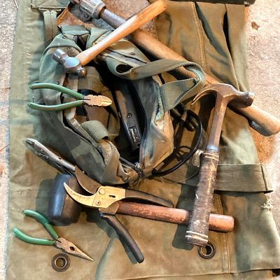LOT 127: Military Collection - Olive Drab Green Bag, Ammo Box, Shovel, Camouflage Bag and Assorted Tools