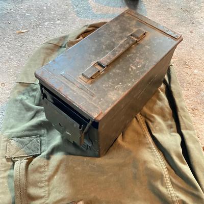 LOT 127: Military Collection - Olive Drab Green Bag, Ammo Box, Shovel, Camouflage Bag and Assorted Tools