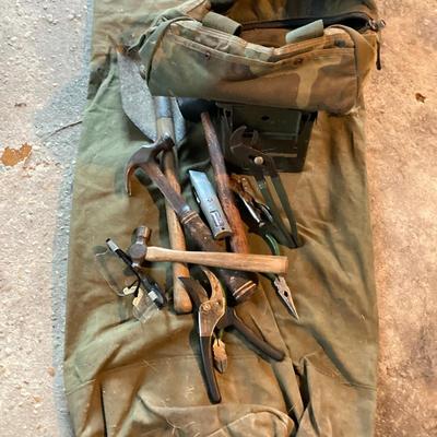 LOT 127: Military Collection - Olive Drab Green Bag, Ammo Box, Shovel, Camouflage Bag and Assorted Tools