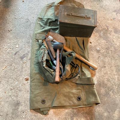 LOT 127: Military Collection - Olive Drab Green Bag, Ammo Box, Shovel, Camouflage Bag and Assorted Tools