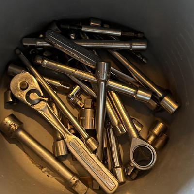 LOT 135: Garage Find Tools: Sockets, Rachets, Drill Bits, Impact Wrench (untested) & More