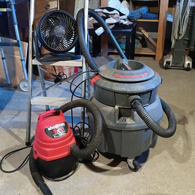 LOT 143: Kenmore Heavy Duty Wet Dry Vac, ShopVac 1 Gallon Wet Dry Vac, Honeywell Fan & Folding Step Ladder