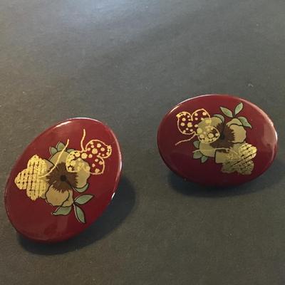 Large Ceramic /Porcelain Type Handpainted Rose Gild Vintage Clip on Earrings