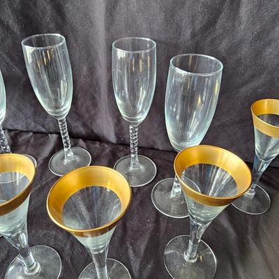 Twisted Stem Champagne Flutes & Gold Topped Liqueur Glasses (K-JS)