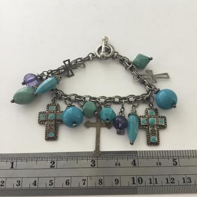 Silver tone blue cross charm bracelet