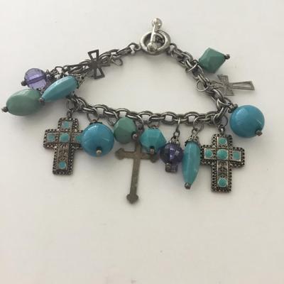 Silver tone blue cross charm bracelet
