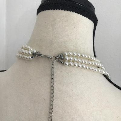 Beautiful, multi strand, faux, pearl bib, necklace with white and gray pearls