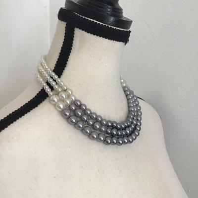 Beautiful, multi strand, faux, pearl bib, necklace with white and gray pearls