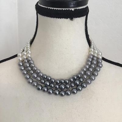 Beautiful, multi strand, faux, pearl bib, necklace with white and gray pearls