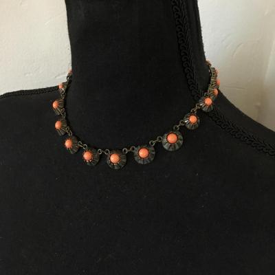 Vintage antique, gold, toned, coral bead, statement, necklace