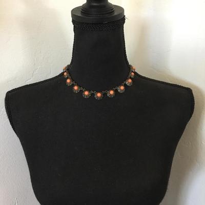 Vintage antique, gold, toned, coral bead, statement, necklace