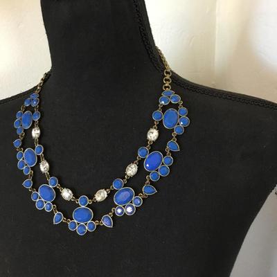 Beautiful vintage, J.Crew, bronze, toned, blue, rhinestone statement, necklace