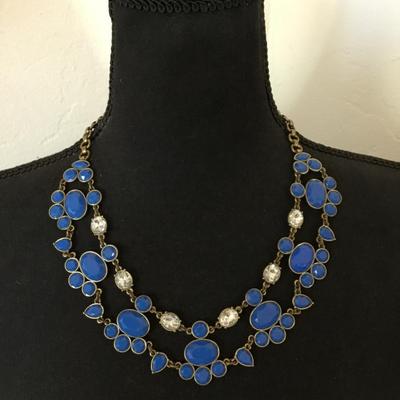 Beautiful vintage, J.Crew, bronze, toned, blue, rhinestone statement, necklace