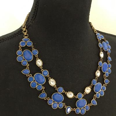 Beautiful vintage, J.Crew, bronze, toned, blue, rhinestone statement, necklace