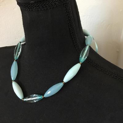 Cute light baby blue long tube, faceted bead, necklace, silver silver ribbon tie