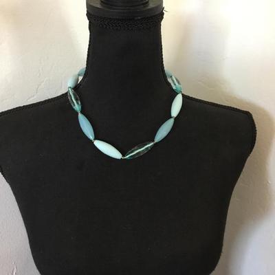 Cute light baby blue long tube, faceted bead, necklace, silver silver ribbon tie