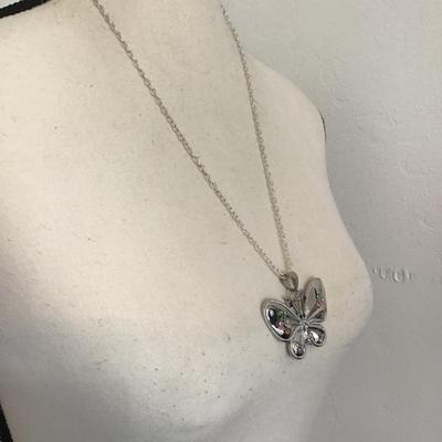Silvertone necklace and butterfly with multicolored rhinestones