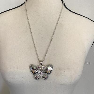 Silvertone necklace and butterfly with multicolored rhinestones