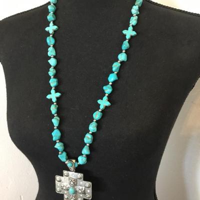 Beautiful South western faux turquoise Silver tone, cross statement, long statement, necklace.