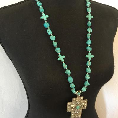 Beautiful South western faux turquoise Silver tone, cross statement, long statement, necklace.