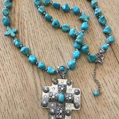Beautiful South western faux turquoise Silver tone, cross statement, long statement, necklace.