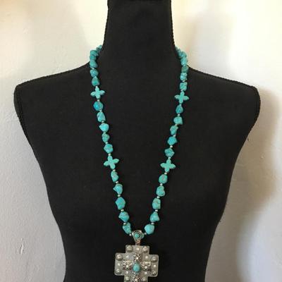Beautiful South western faux turquoise Silver tone, cross statement, long statement, necklace.