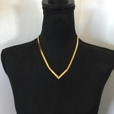 Beautiful, vintage, mid century, gold tone, flat chain V necklace