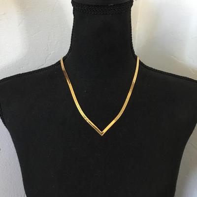 Beautiful, vintage, mid century, gold tone, flat chain V necklace