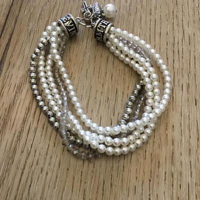 Cute faux pearl Crystal multi strand stretch, charm bracelet