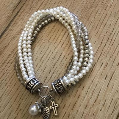 Cute faux pearl Crystal multi strand stretch, charm bracelet