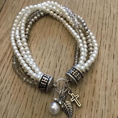 Cute faux pearl Crystal multi strand stretch, charm bracelet