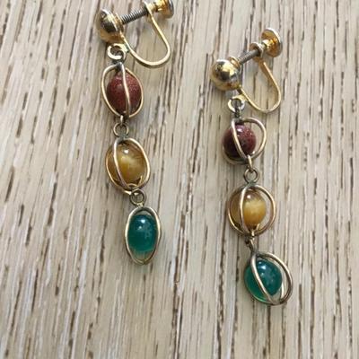 Super cute, vintage, multicolored gemstone bead, caged, screwback, gold tone, dingle earrings