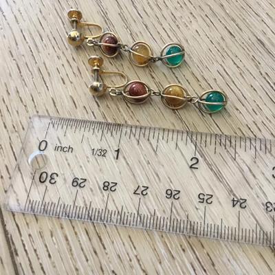 Super cute, vintage, multicolored gemstone bead, caged, screwback, gold tone, dingle earrings
