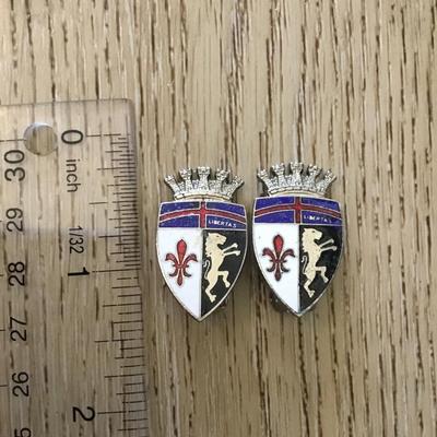 Vintage enamel coat of arms, libertas shield clip on earrings, crown lion blue red