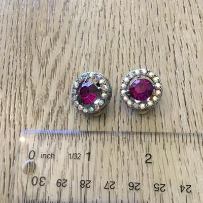 Cute Silver tone , purple, iridescent, rhinestone circular clip on earrings