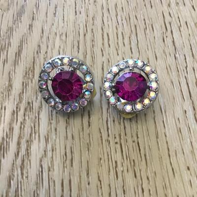 Cute Silver tone , purple, iridescent, rhinestone circular clip on earrings