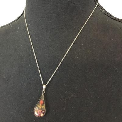Super cute, vintage acrylic, dried flower, 925 sterling silver pendant chain necklace