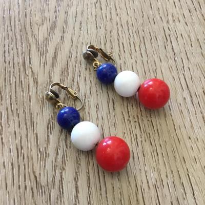 Cute Red white and blue beaded clip on earrings vintage