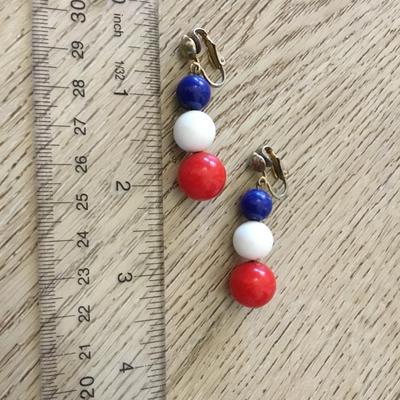 Cute Red white and blue beaded clip on earrings vintage