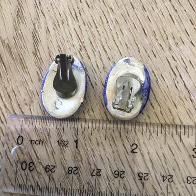 Beautiful, vintage, cobalt, blue, ceramic glazed over clip on earrings