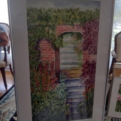 Sale Photo Thumbnail #1278: 'Secret Garden' Original Framed Watercolor by Nationally Recognized Artist Susan Anderson (#5).  Item is framed under plexiglass.