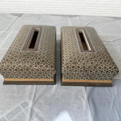 Sale Photo Thumbnail #7: Khatam tissue box covers. Khatam is a traditional Persian inlay technique (khatam-kari) that involves the art of crafting geometric patterns with thin strips of wood, bone, and metal. The items shown are handcrafted and decorated with this intricate marqu