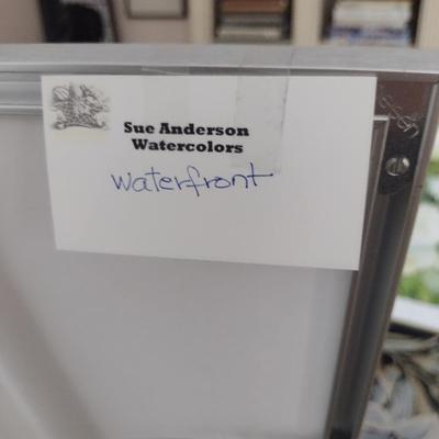 Sale Photo Thumbnail #1340: 'Waterfront' Original Framed Watercolor by Nationally Recognized Artist Susan Anderson (#13).  Item is framed under plexiglass.