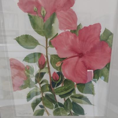Sale Photo Thumbnail #1350: 'Red Hibiscus' Original Framed Watercolor by Nationally Recognized Artist Susan Anderson (#15).  Item is framed under plexiglass.