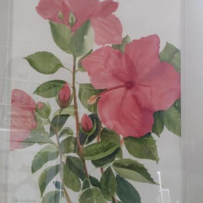 Sale Photo Thumbnail #1351: 'Red Hibiscus' Original Framed Watercolor by Nationally Recognized Artist Susan Anderson (#15).  Item is framed under plexiglass.