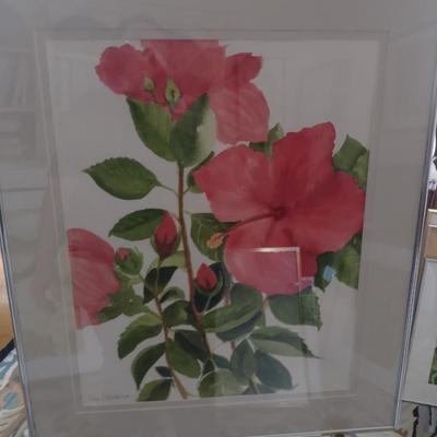Sale Photo Thumbnail #1349: 'Red Hibiscus' Original Framed Watercolor by Nationally Recognized Artist Susan Anderson (#15).  Item is framed under plexiglass.