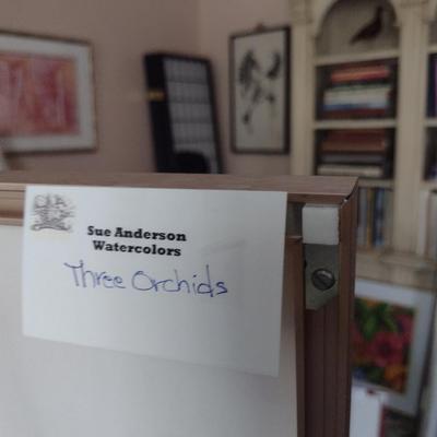 Sale Photo Thumbnail #1377: 'Three Orchids' Original Framed Watercolor by Nationally Recognized Artist Susan Anderson (#19).  Item is framed under plexiglass.