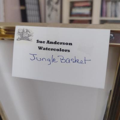 Sale Photo Thumbnail #1407: 'Jungle Basket' Original Framed Watercolor by Nationally Recognized Artist Susan Anderson (#23).  Item is framed under plexiglass.