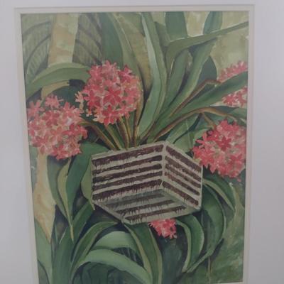 Sale Photo Thumbnail #1403: 'Jungle Basket' Original Framed Watercolor by Nationally Recognized Artist Susan Anderson (#23).  Item is framed under plexiglass.
