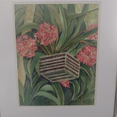 Sale Photo Thumbnail #1404: 'Jungle Basket' Original Framed Watercolor by Nationally Recognized Artist Susan Anderson (#23).  Item is framed under plexiglass.